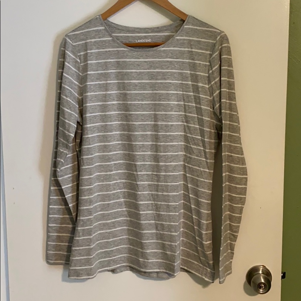 Lands’ End Grey White Striped Long Sleeve Tee